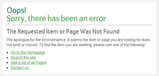 Sage's custom 404 error page, flagged in the technical audit for incorrectly returning a 200 OK status instead of a proper 404