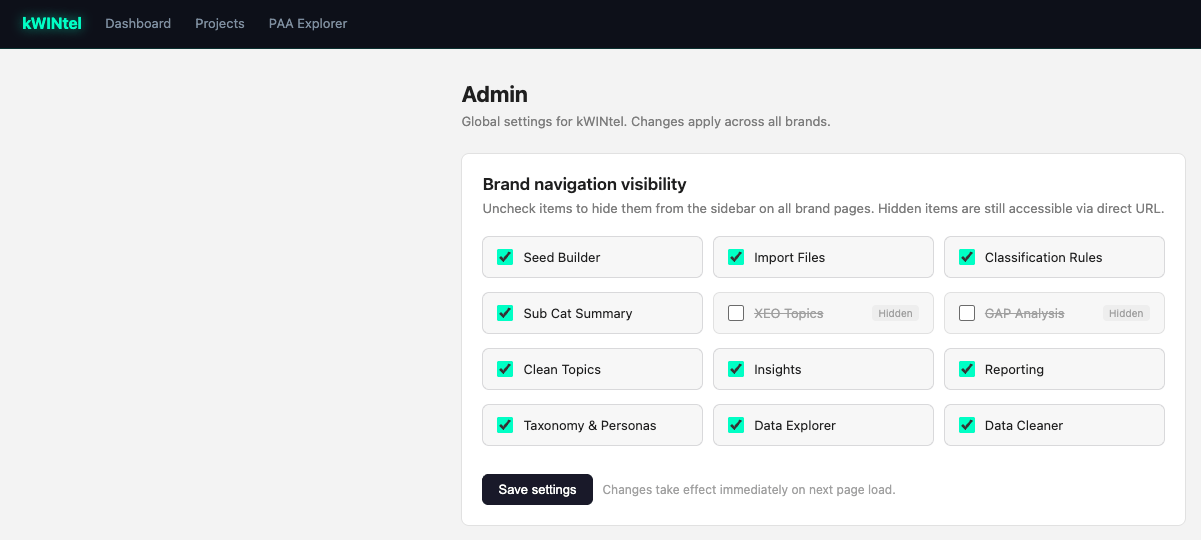 kWINtel admin screen with checkboxes controlling brand navigation visibility