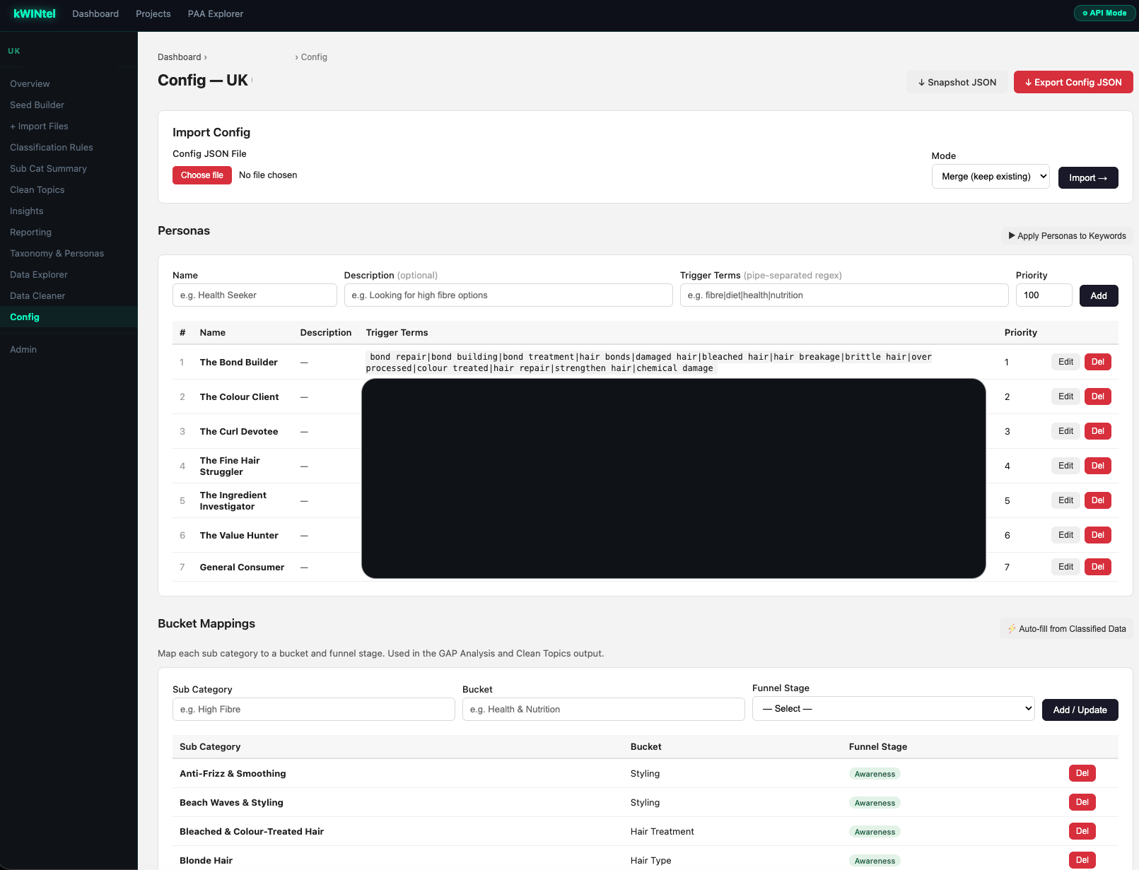 kWINtel config screen showing the persona list and sub category bucket mappings