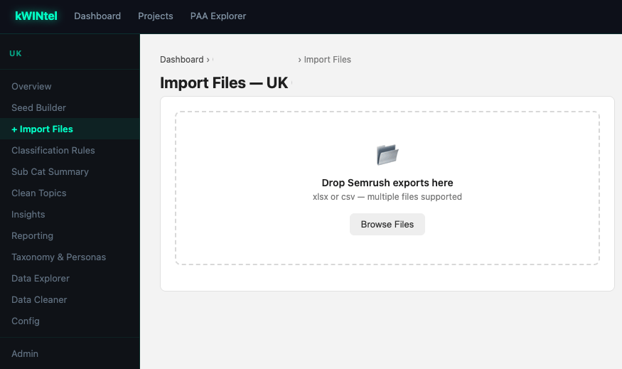 kWINtel file import screen with a drag-and-drop area for Semrush exports
