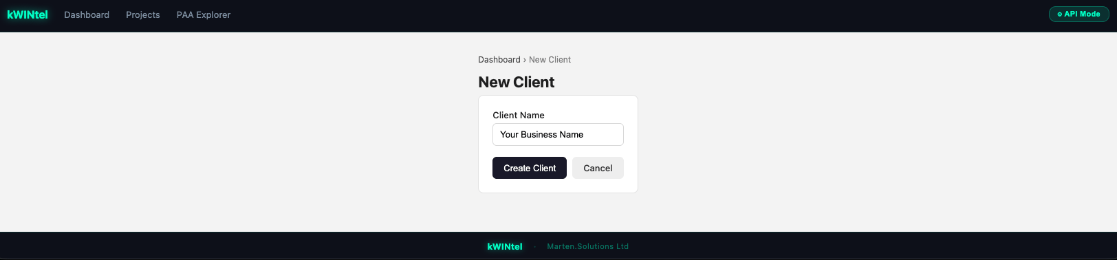 kWINtel new client screen with an empty client name field