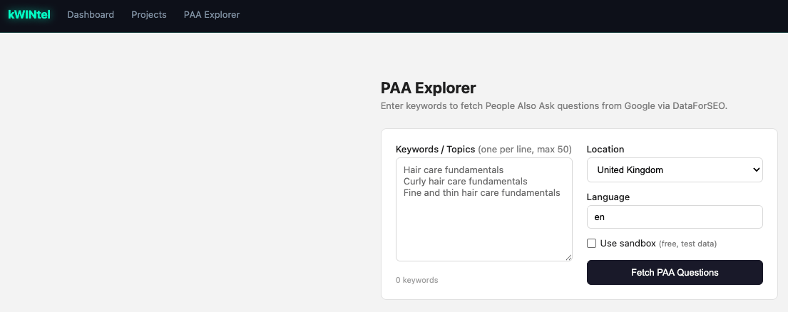 kWINtel People Also Ask explorer with keyword input, location and language controls