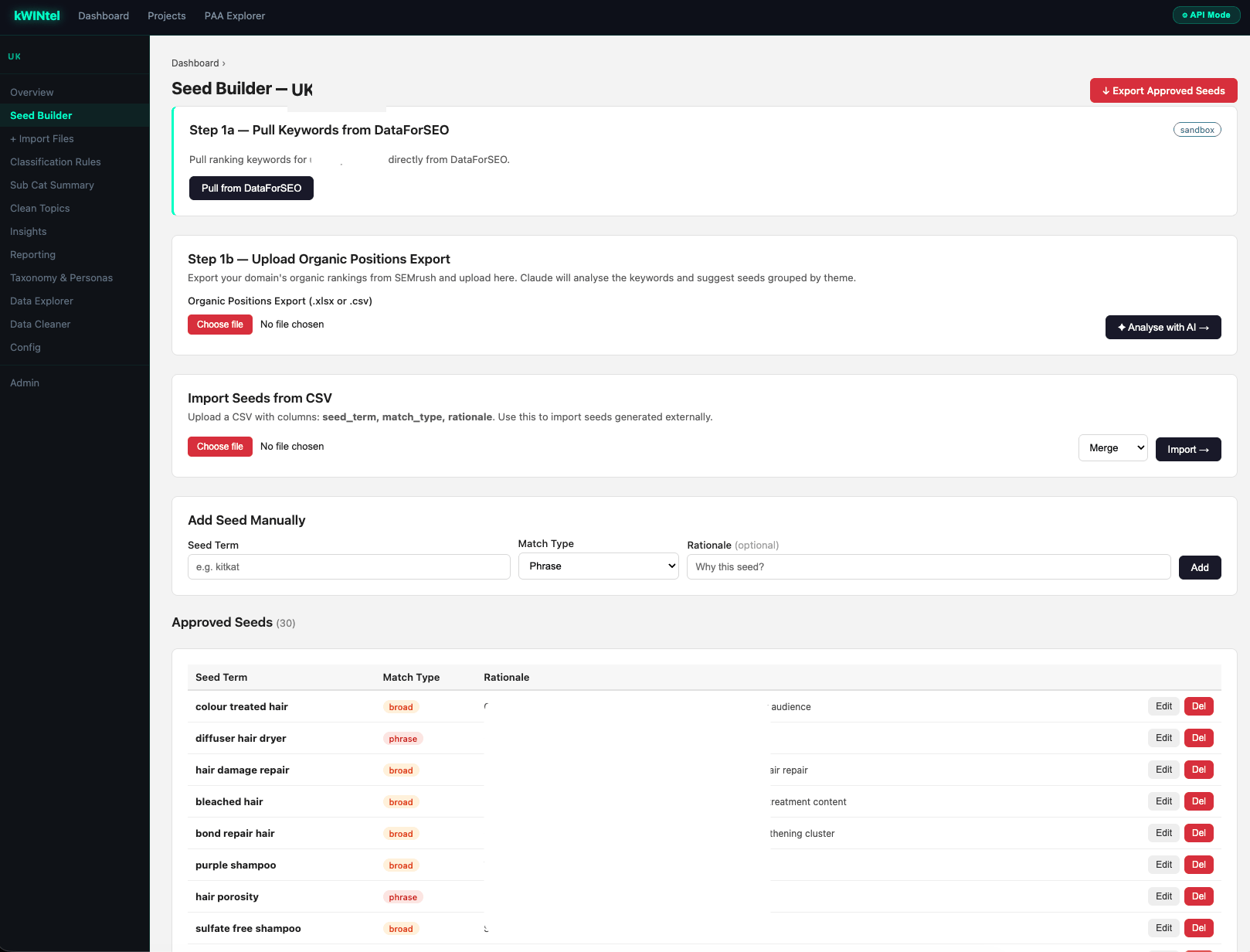 kWINtel seed builder showing the DataForSEO pull step and organic positions upload step