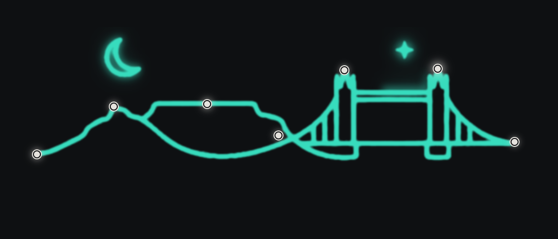 The interactive skyline on the Work page: Table Mountain flowing into Tower Bridge, with seven clickable points marking projects along it
